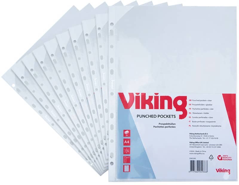 Viking Premium Showtassen A4 Glashelder Transparant 110 micron PP (Polypropeen) Boven 11 Gaten 25 Stuks