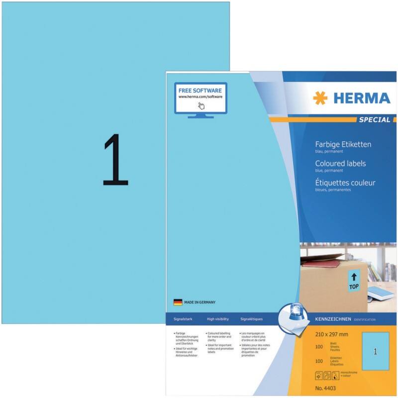 HERMA Etiketten 4403 Klevend A4 Blauw 210 x 297 mm  100 Vellen à 1 Etiketten