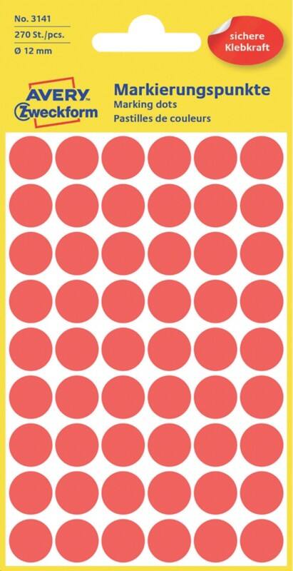 Avery Markeringspunten 3141 Klevend Rood 12 x 12 mm 5 Vellen à 54 Etiketten