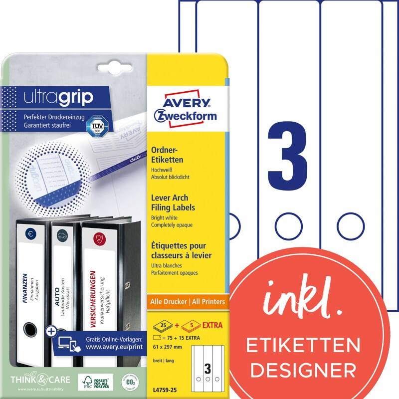 Avery UltraGrip Ordnerrugetiketten L4759-25 Klevend A4 Wit 6,1 x 29,7 cm 30 Vellen à 3 Etiketten