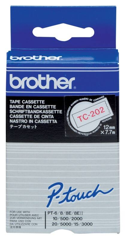 Étiquettes Brother TC-202 12 mm x 7,7 m Blanc sur Rouge