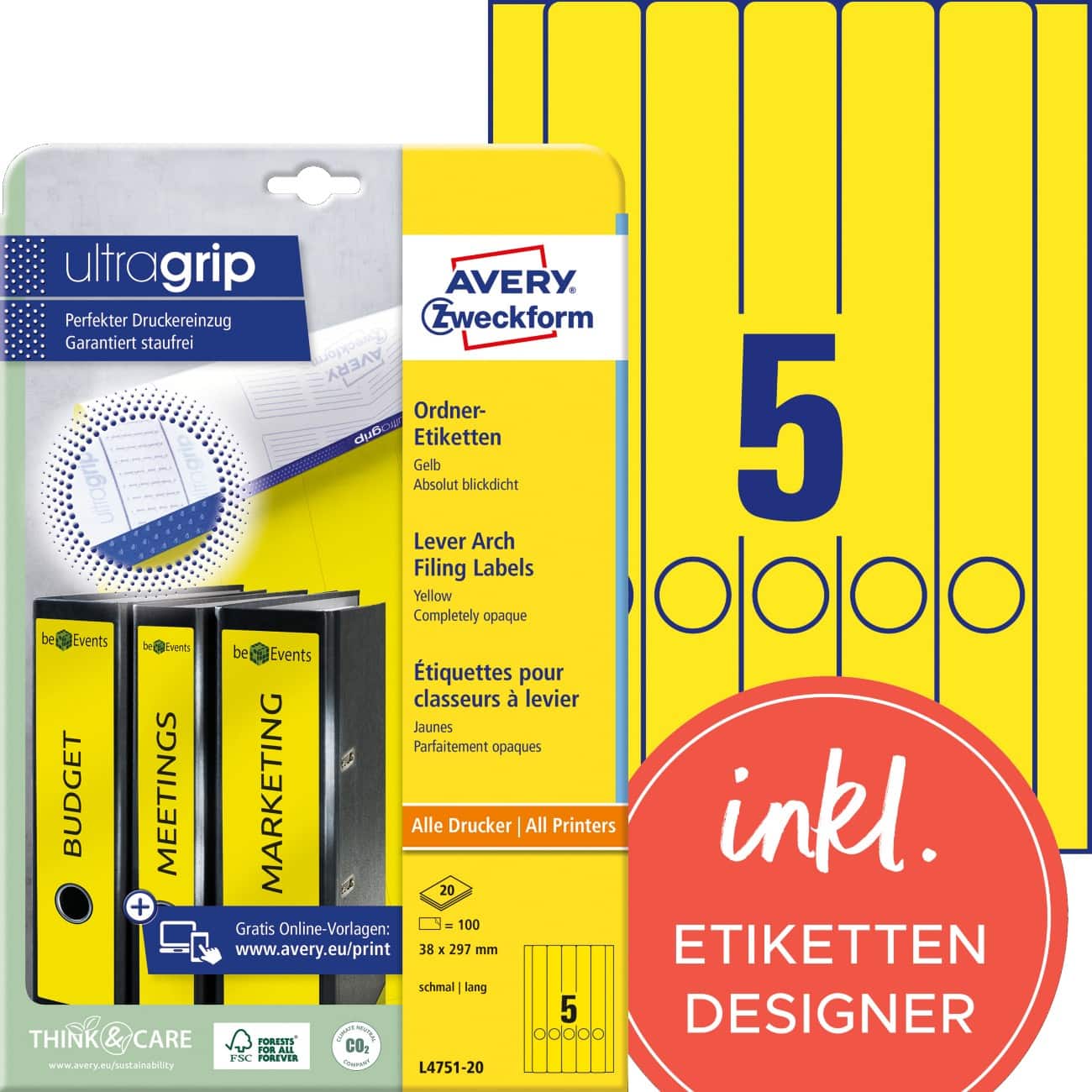 Étiquettes pour dos de classeur AVERY Zweckform UltraGrip Adhésif Étroit L4751-20 A4 38 x 297 mm Jaune 20 feuilles de 5 étiquettes