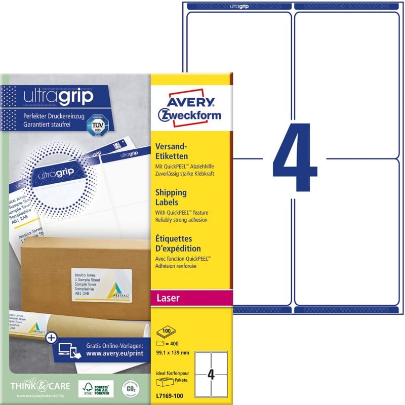 Avery UltraGrip Verzendetiketten L7169-100 Klevend A4 Wit 99,1 x 139 mm 100 Vellen à 4 Etiketten