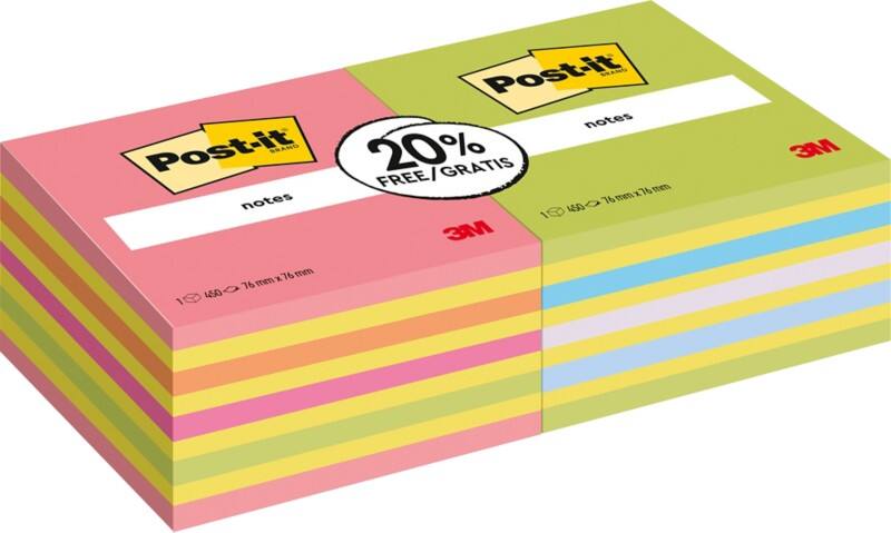 Notes adhésives Post-it 76 x 76 mm Assortiment 2 Cubes de 450 Feuilles Pack économique -15%