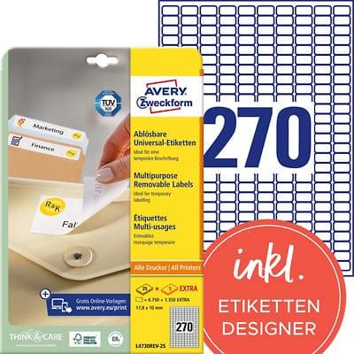 Avery L4730REV-25 Mini multifunctionele etiketten 17,8 x 10 mm Wit 25 Vellen à 270 Etiketten