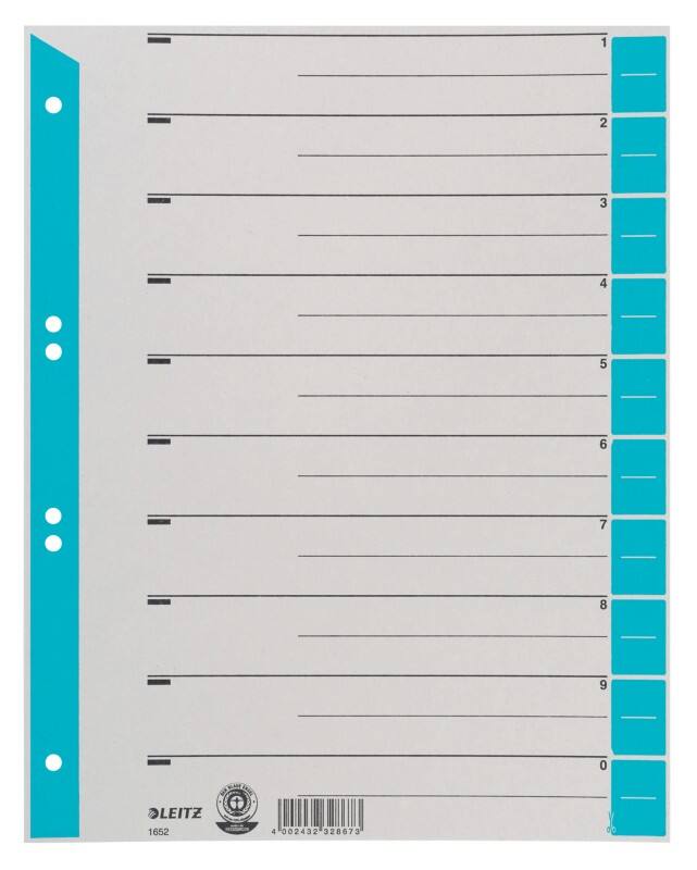 Intercalaires Leitz 1 à 10 A4 extra large Bleu Bleu clair 1 intercalaire Carton 6 Perforations 1652 100 Unités