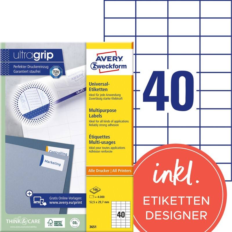 Avery Ultragrip Etiketten 3651 Klevend A4 Wit 52,5 x 29,7 mm 100 Vellen à 40 Etiketten