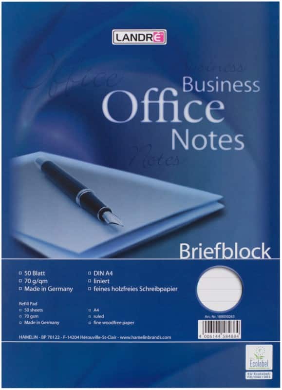Bloc-notes LANDRÉ Office A4 Bleu Reliure supérieure Couverture en carte Ligné Collé 50 feuilles