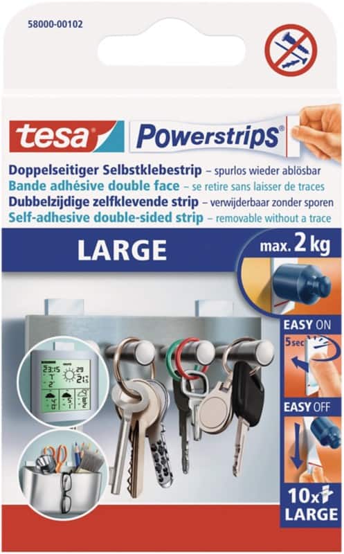 tesa Powerstrips Dubbelzijdige zelfklevende strip Groot Wit Tot 2 kg Pak van 10 stuks