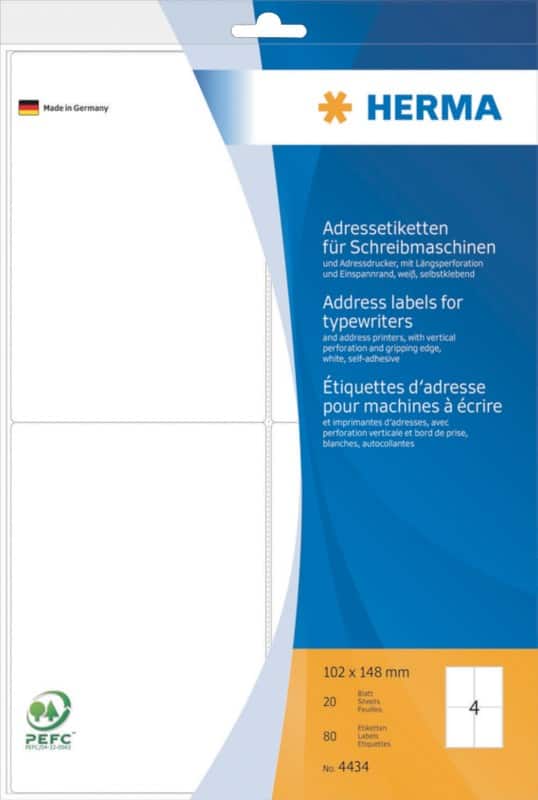 HERMA Adresetiketten 4434 A4 Wit 102 x 148 mm 20 Vellen à 4 Etiketten
