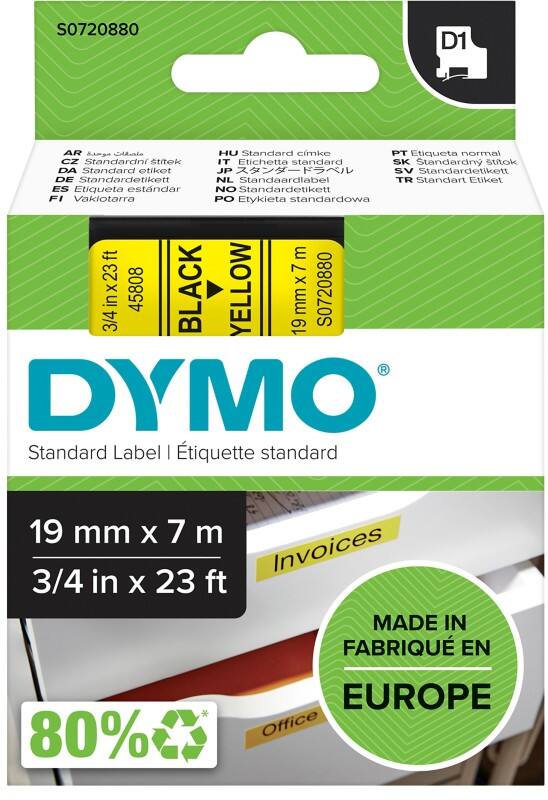 Ruban d’étiquettes Dymo D1 S0720880 / 45808 d’origine Autocollantes Noir sur jaune 19 mm x 7 m