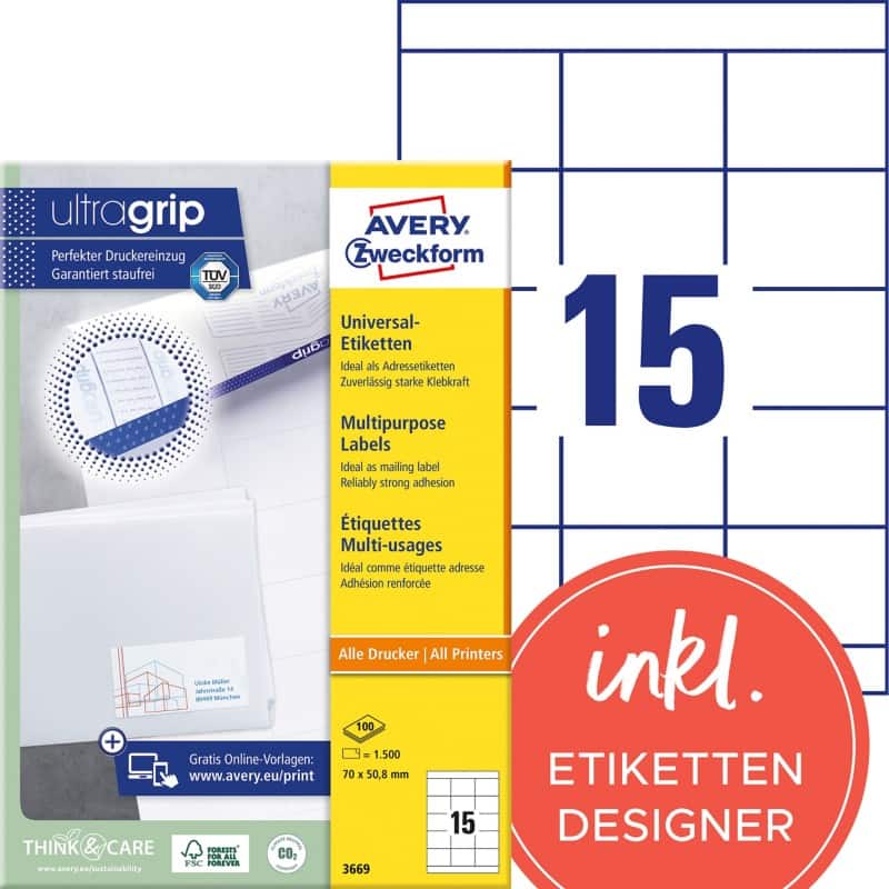 Avery Ultragrip Laser Etiketten 3669 Klevend A4 Wit 70 x 50,8 mm 100 Vellen à 15 Etiketten