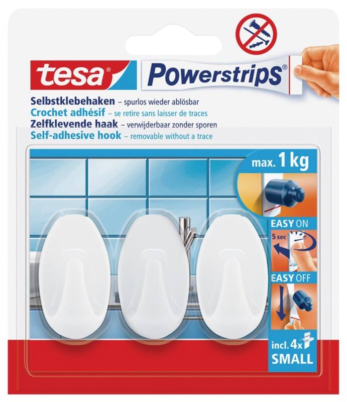 tesa Powerstrips Zelfklevende haken Klein Wit Tot 1 kg Pak van 3 stuks