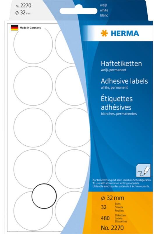 HERMA Etiketten 2270 Klevend Wit 32 x 32 mm  32 Vellen à 15 Etiketten