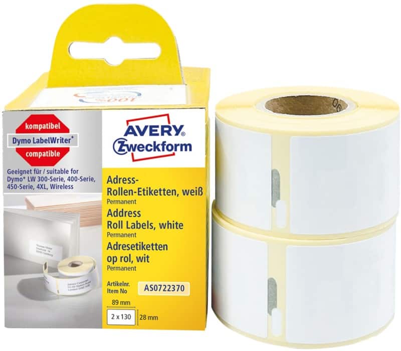 Étiquettes d'expédition Avery LW S0722370 / 99010 Dymo Compatibles Autocollantes Blanc 28 x 89 mm 2 Rouleaux de 130 Étiquettes
