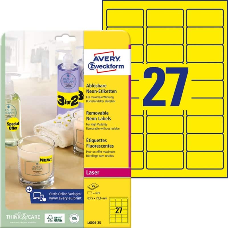 Avery Etiketten L6004-25 Klevend A4 Neongeel 63,5 x 29,6 mm 25 Vellen à 27 Etiketten