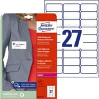 Badge nominatif AVERY Zweckform L4784-20 Adhésif A4 Blanc 63.5 x 29.6 mm 20 Unités de 27 Étiquettes