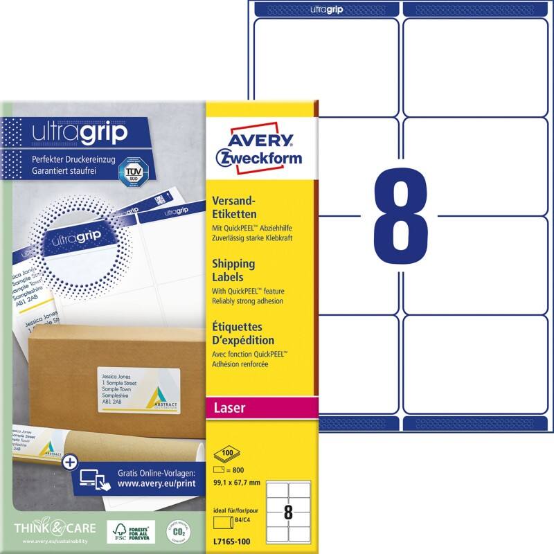 Étiquettes d'adresse Avery Ultragrip L7165-100 Adhésif A4 Blanc 99.1 x 67.7 mm 100 Feuilles de 8 Étiquettes