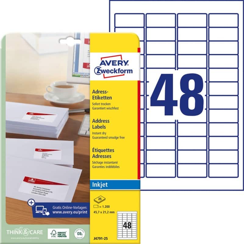 Avery Laser Adresetiketten J4791-25 Klevend A4 Wit 45,7 x 21,2 mm 25 Vellen à 48 Etiketten