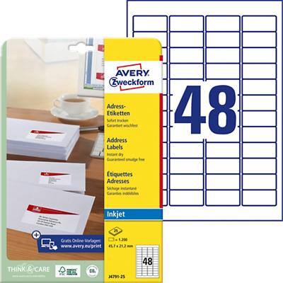Avery Zweckform J4791-25 Adresetiketten 45,7 x 21,2 mm Wit 25 Vellen à 48 Etiketten
