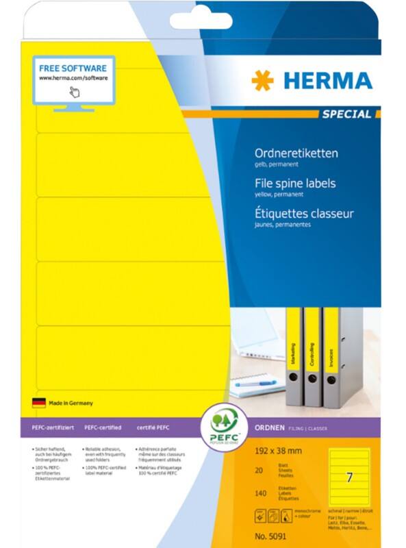 Étiquettes adhésive pour dos de classeur Herma 5091 Jaune 192 x 38 mm 140 unités