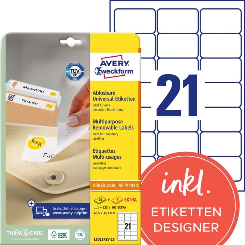 Étiquettes repositionnables Avery L6023REV-25 Stick & Lift Spécial Blanc 63,5 x 38,1 mm 30 Feuilles de 21 Étiquettes