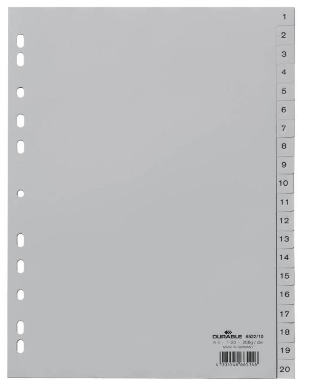 Intercalaires numériques 1 à 20 DURABLE A4 Gris 20 intercalaires PP (Polypropylène) 11 Perforations 6522