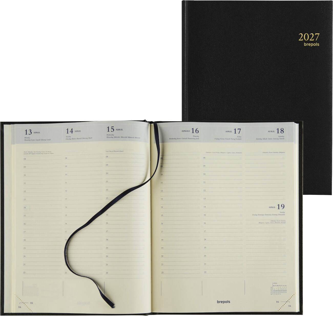 Agenda Brepols 2027 A5 1 Semaine sur 2 pages Allemand, Anglais, Français, Italien, Néerlandais, Espagnol Noir 0,136,1256,01,6,0