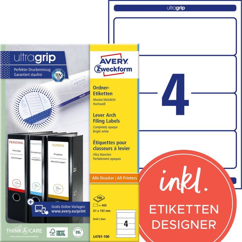 Avery UltraGrip Ordnerrugetiketten L4761-100 Klevend A4 Wit 6,1 x 19,2 cm 100 Vellen à 4 Etiketten