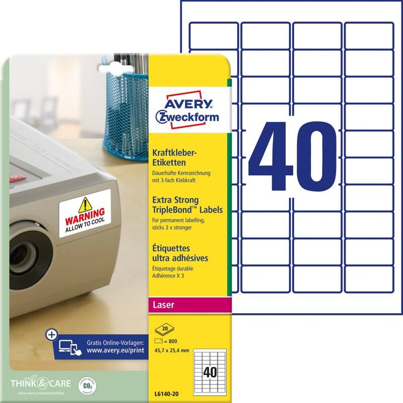 Avery Speciale etiketten L6140-20 Klevend A4 Wit 45,7 x 25,4 mm 20 Vellen à 40 Etiketten