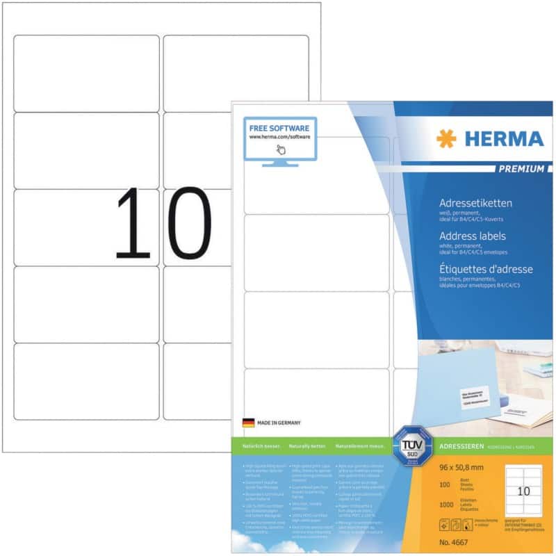 Étiquettes multifonctions HERMA 4667 Adhésif A4 Blanc 96 x 50.8 mm 100 Feuilles de 10 Étiquettes
