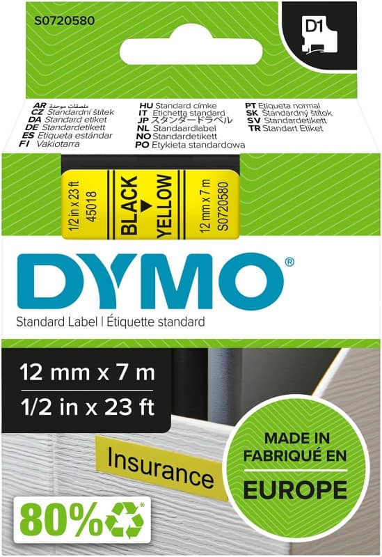 Ruban d’étiquettes Dymo D1 S0720580 / 45018 d’origine Autocollantes Noir sur jaune 12 mm x 7 m