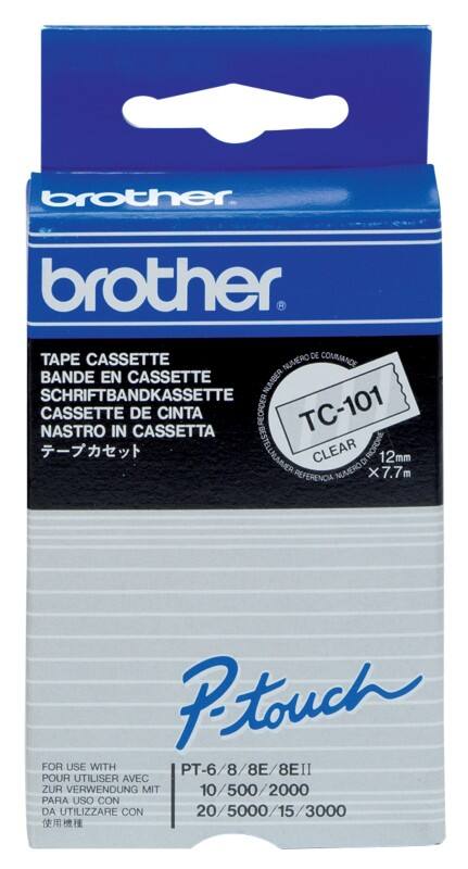 Étiquettes Brother TC-101 d’origine en continu Autocollantes Noir sur transparent 12 mm x 7,7 m