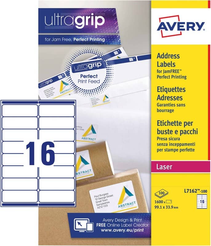 Étiquettes d'adresse Ultragrip Avery L7162-100 Adhésif A4 Blanc 99.1 x 33.9 mm 100 Feuilles de 16 Étiquettes