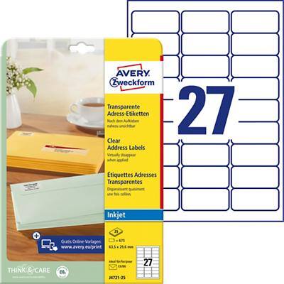 Étiquettes universelles Avery Zweckform J4721-25 QuickPEEL Transparent 63,5 x 29,6 mm 27 Feuilles de 25 Étiquettes