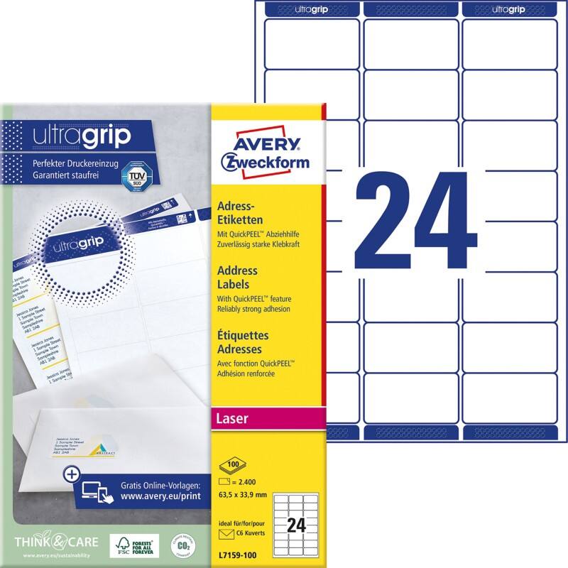 Étiquettes d'adresse Ultragrip Avery L7159-100 Adhésif A4 Blanc 63.5 x 33.9 mm 100 Feuilles de 24 Étiquettes