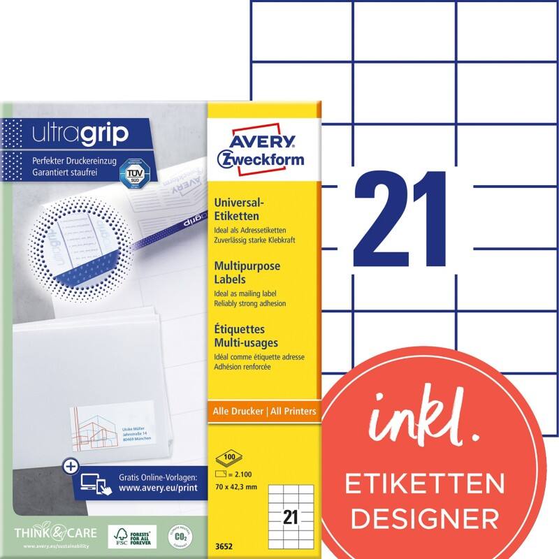 Avery UltraGrip Multifunctionele etiketten 3652 Klevend A4 Wit 70 x 42,3 mm 100 Vellen à 21 Etiketten