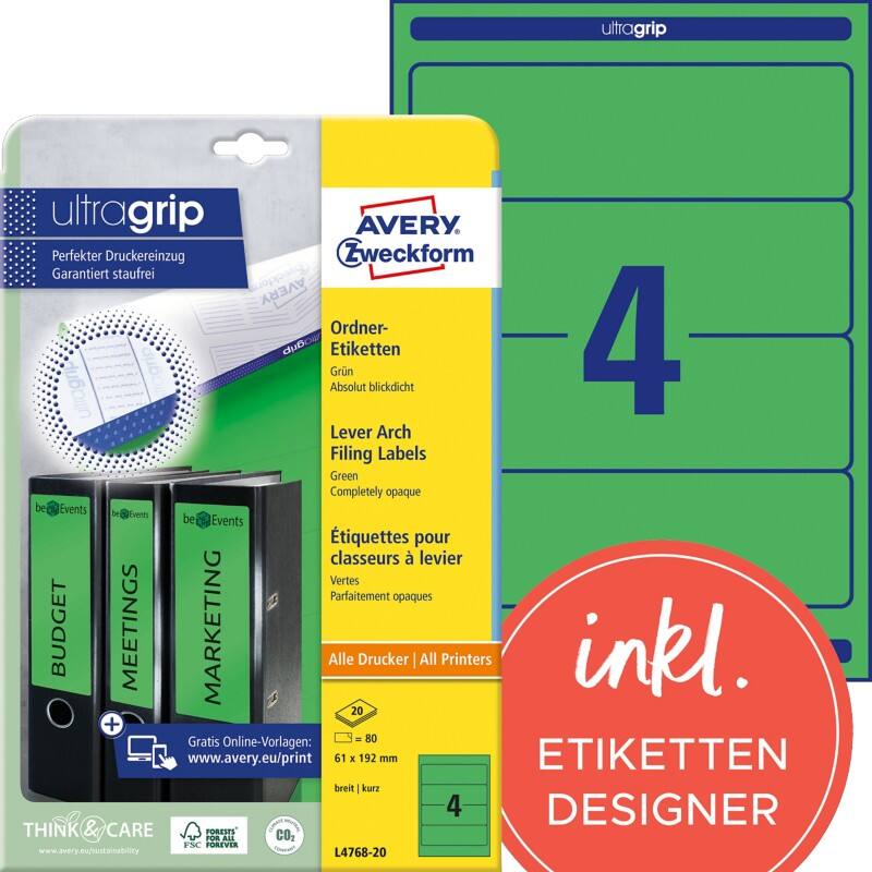 Avery Ultragrip Rugetiket L4768-20 Klevend A4 Groen 6,1 x 19,2 cm 20 Vellen à 4 Etiketten