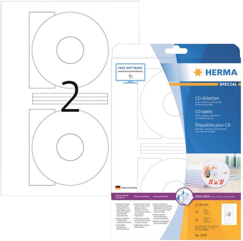 Étiquettes CD/DVD HERMA 5079 adhésif A4 Blanc 116 x 116 mm 25 Feuilles de 2 Étiquettes