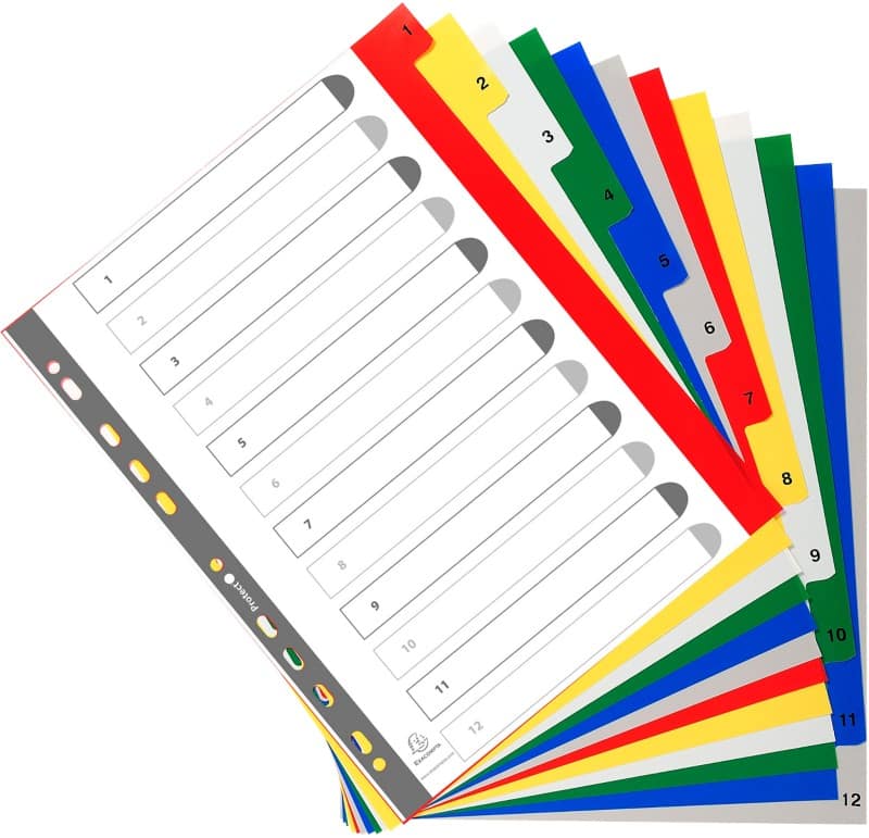 Exacompta 1 tot 12 Numerieke tabbladen A4+ Kleurenassortiment 12 tabs PP (Polypropeen) 11 Gaten 2512E