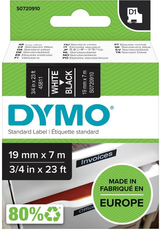 Dymo D1 S0720910 / 45811 Authentiek Labeltape Zelfklevend Wit op zwart 19 mm x 7m