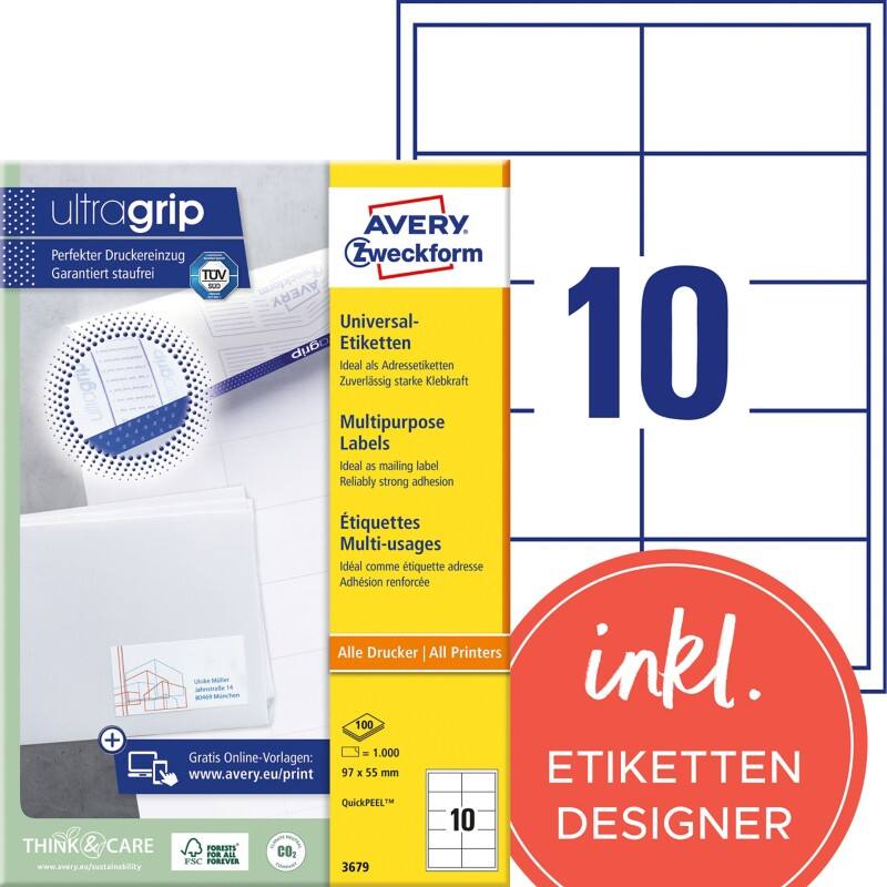 Avery Ultragrip Etiketten 3679 Klevend A4 Wit 97 x 55 mm 100 Vellen à 10 Etiketten