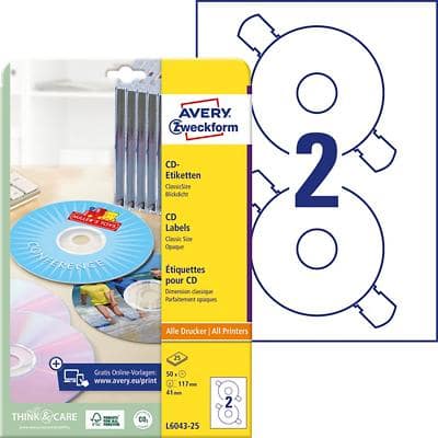 AVERY L6043-25 CD/DVD/Diskette Etiketten A4 Wit 25 Vellen à 2 Etiketten