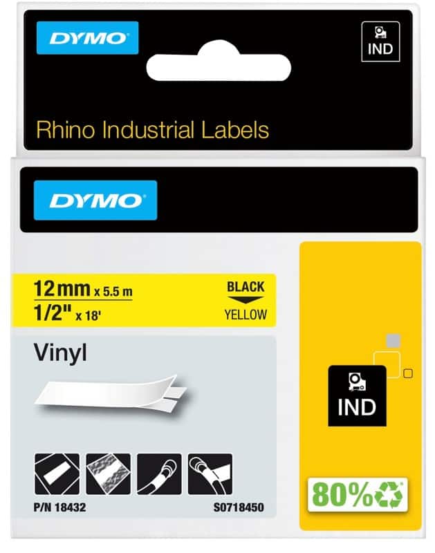 Ruban d'étiquettes IND Dymo Rhino S0718450 Noir sur Jaune 12 mm x 5,5 m 1  de 5.5 m