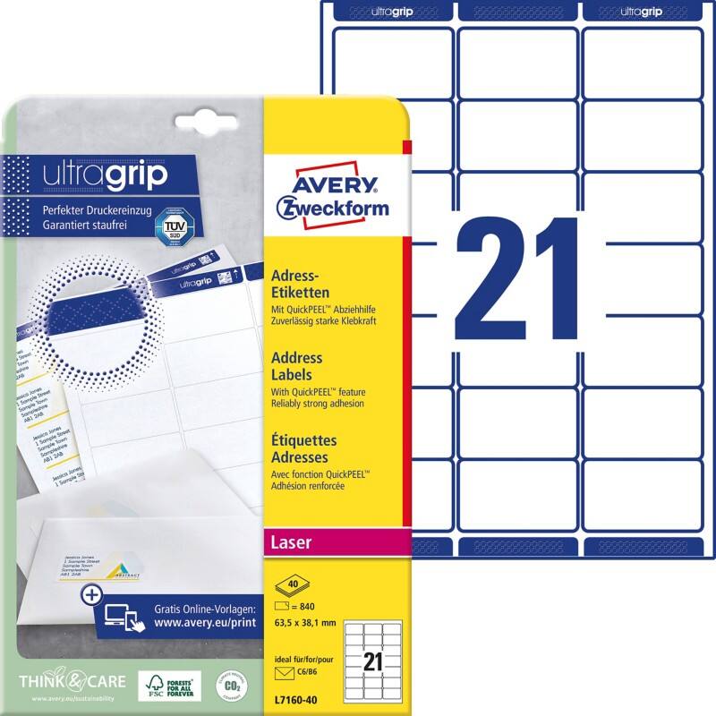 Étiquettes universelles Ultragrip Avery L7160-40 Adhésif A4 Blanc 63.5 x 38.1 mm 40 Feuilles de 21 Étiquettes