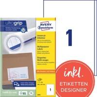 AVERY Zweckform Adresetiketten & Verzendetiketten 3418 Ultragrip Wit A4 200 x 297 mm 100 Vellen à 1 Etiketten