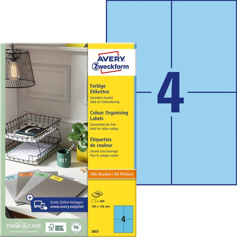 Avery Etiketten 3475A Klevend A4 Blauw 10,5 x 14,8 cm 100 Vellen à 4 Etiketten