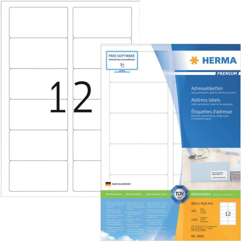 Étiquettes d'adresse HERMA 4666 Adhésif A4 Blanc 88.9 x 46.6 mm 100 Feuilles de 12 Étiquettes