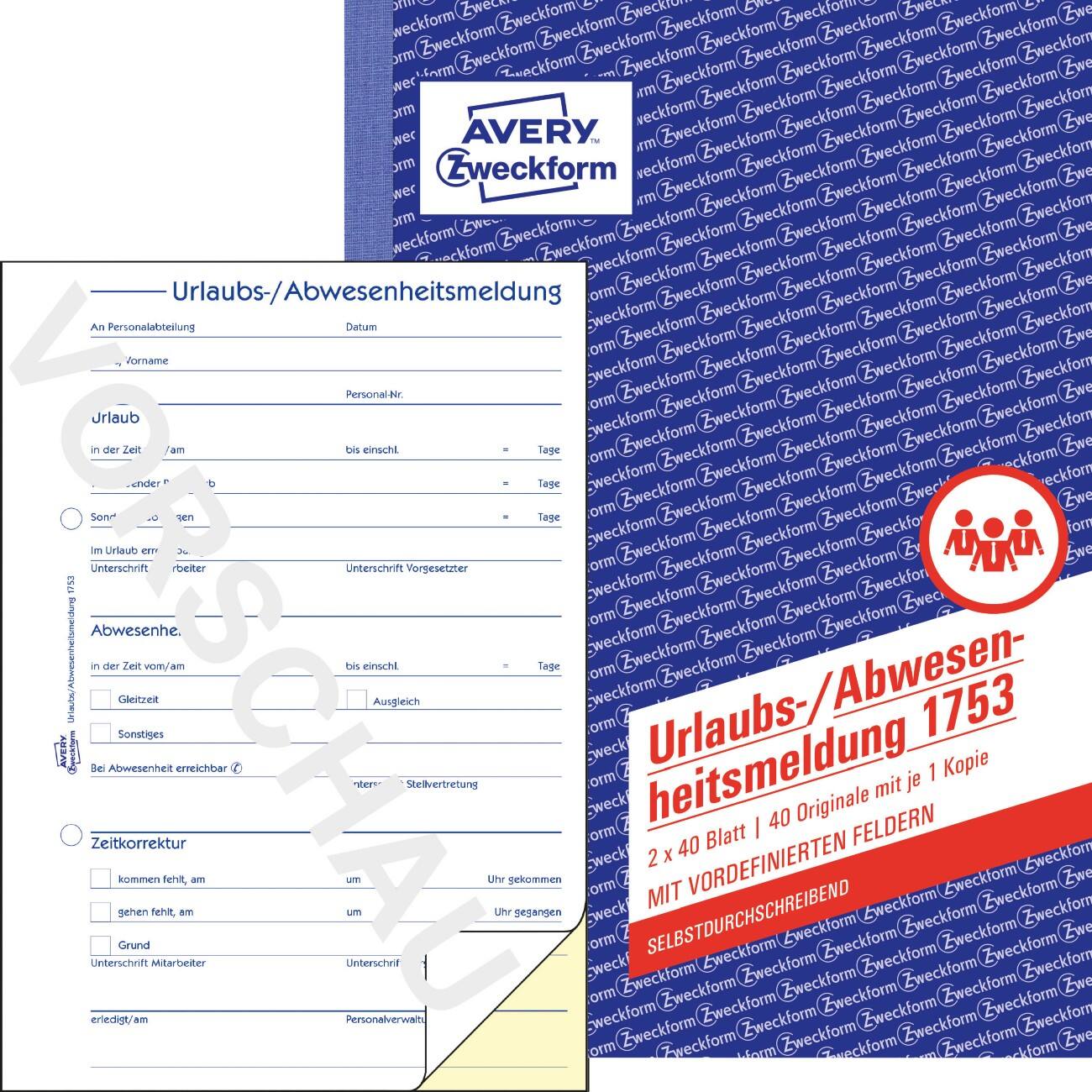 AVERY Zweckform 1753 Afwezigheids formulieren Wit, geel A5 54 g/m² 40 Vellen