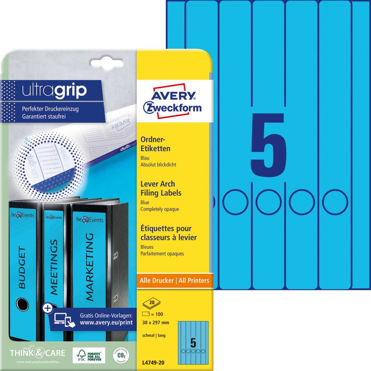 AVERY Zweckform UltraGrip Ordnerrugetiketten Zelfklevend L4749-20 3,8 x 29,7 cm Blauw 20 Vellen à 5 Etiketten
